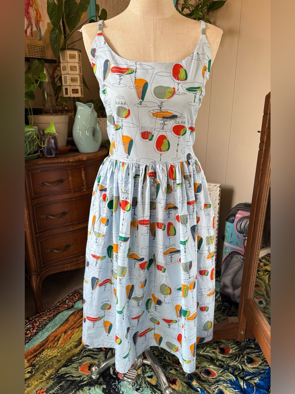 Bettie Page Blue Cotton fit and flair midi dress, retro cocktail print, plus 3XL
